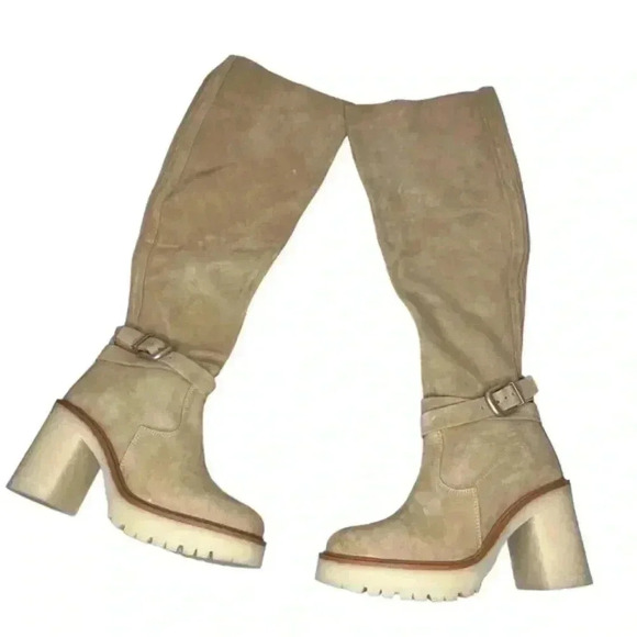 FREE PEOPLE Jasper Platform Over The Knee Boots Suede Tan Gum Sole OTK - Picture 4 of 8